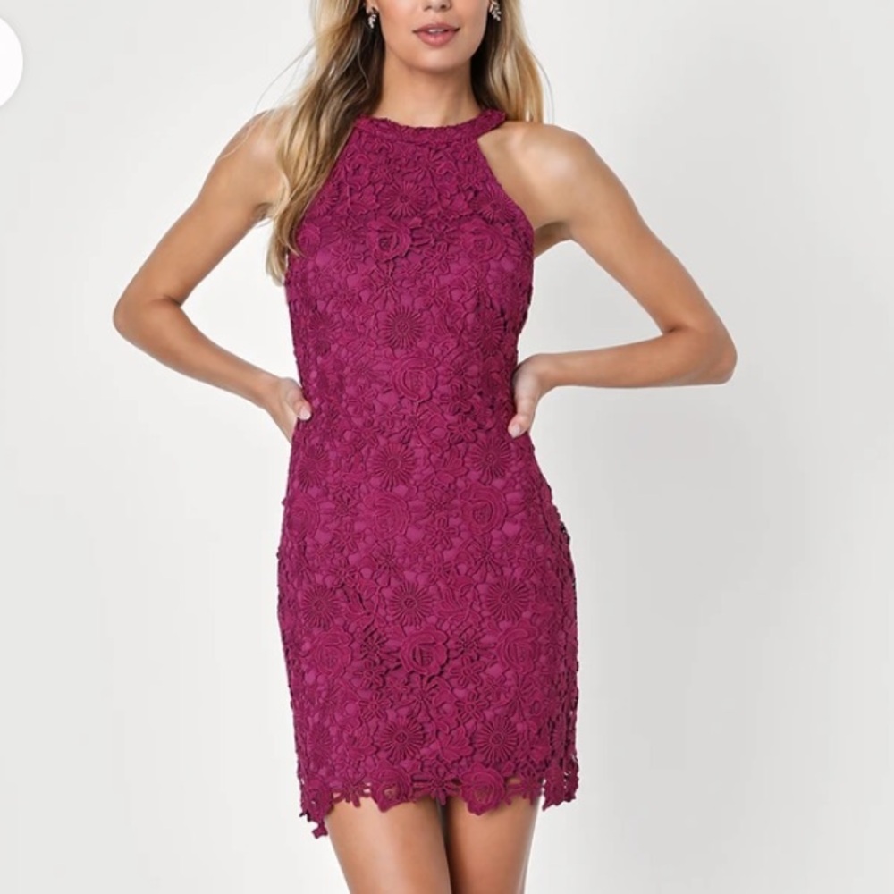 Lace Halter Sheath Dress in Magenta